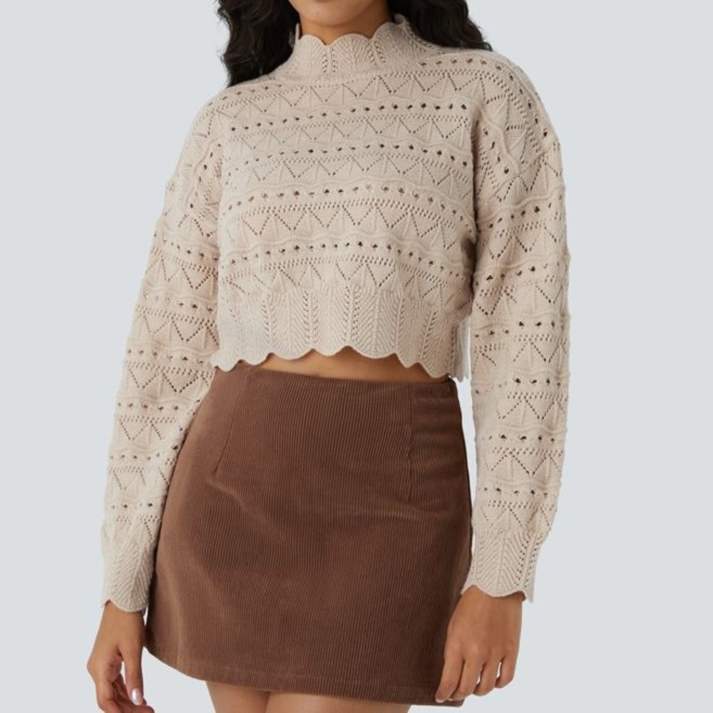 Cream Scallop-Hem Knit Crop Sweater - Brand